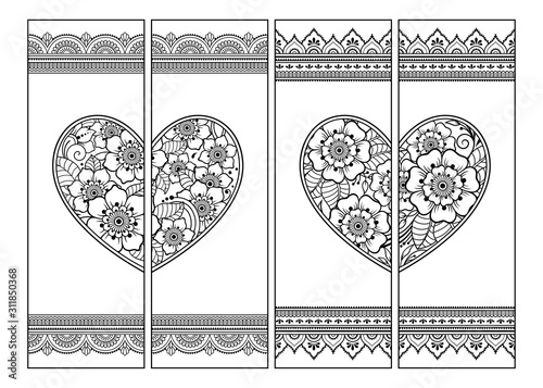 Printable bookmark for book - coloring. Set of black and white labels with heart and flower patterns in mehndi style. Sketch of ornaments for creativity of children and adults with colored pencils.