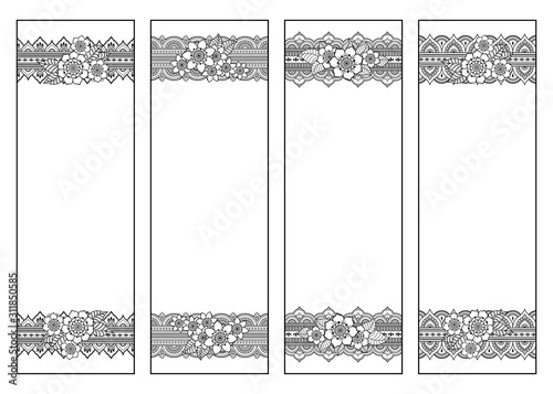 Bookmark for book - coloring. Set of black and white labels with floral doodle patterns, hand draw in mehndi style. Sketch of ornaments for creativity of children and adults with colored pencils.
