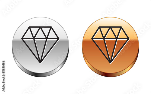 Black line Diamond icon isolated on white background. Jewelry symbol. Gem stone. Silver-gold circle button. Vector Illustration