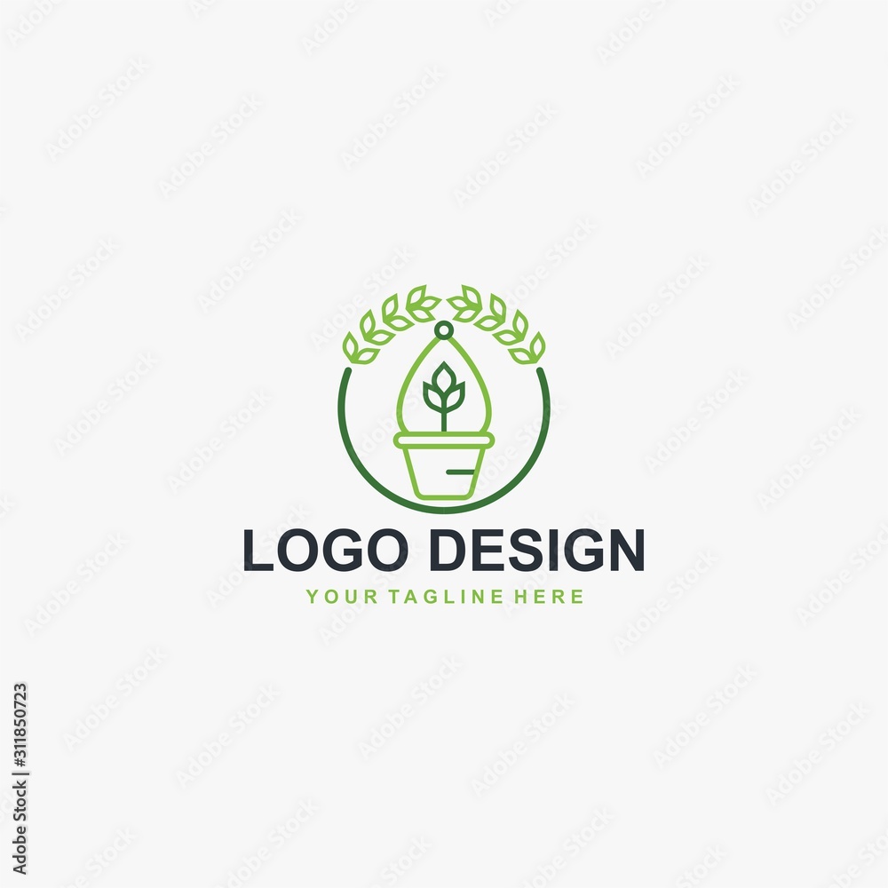 Plant pot logo design. Gardening illustration sign. Outline leaves and pot vector icons. Plant pot logo design. Gardening illustration sign. Outline leaves and pot vector icons.