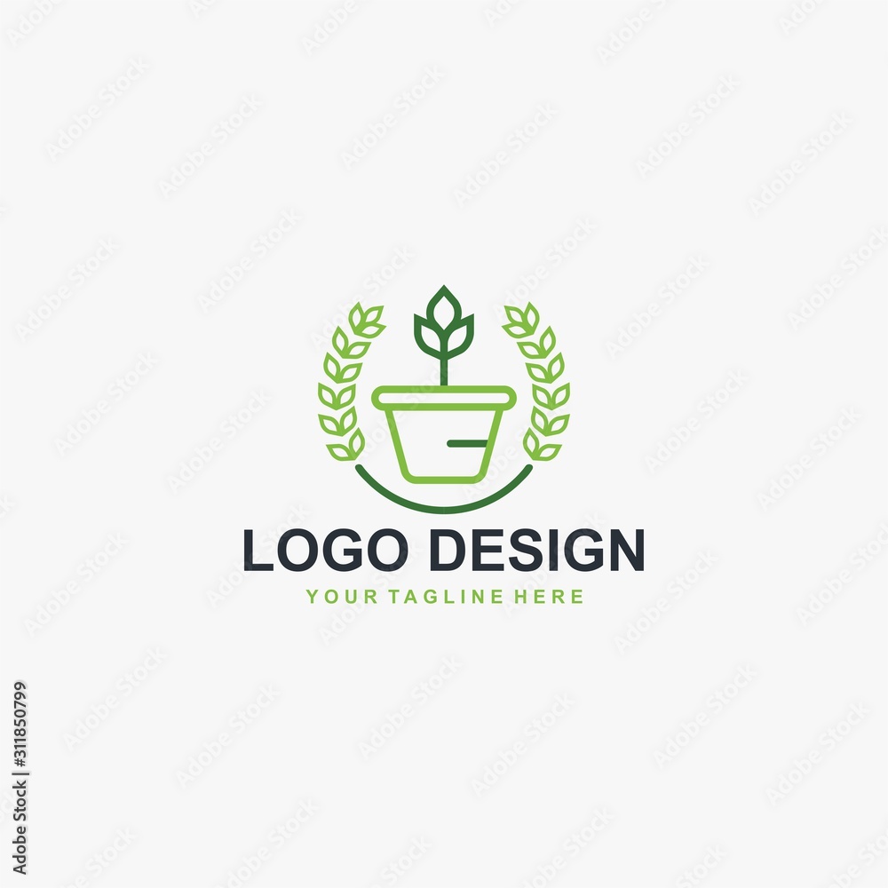 Plant pot logo design. Gardening illustration sign. Outline leaves and pot vector icons. Plant pot logo design. Gardening illustration sign. Outline leaves and pot vector icons.