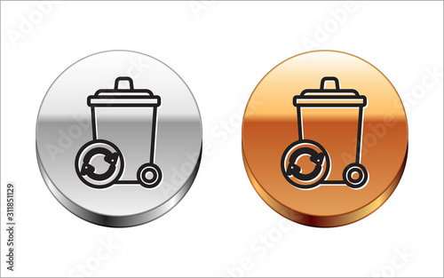 Black line Recycle bin with recycle symbol icon isolated on white background. Trash can icon. Garbage bin sign. Recycle basket sign. Silver-gold circle button. Vector Illustration