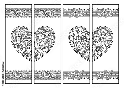 Printable bookmark for book - coloring. Set of black and white labels with heart and flower patterns in mehndi style. Sketch of ornaments for creativity of children and adults with colored pencils.