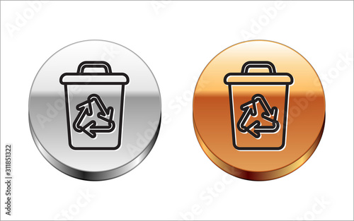 Black line Recycle bin with recycle symbol icon isolated on white background. Trash can icon. Garbage bin sign. Recycle basket sign. Silver-gold circle button. Vector Illustration