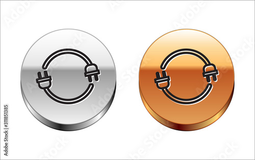 Black line Electric plug icon isolated on white background. Concept of connection and disconnection of the electricity. Silver-gold circle button. Vector Illustration