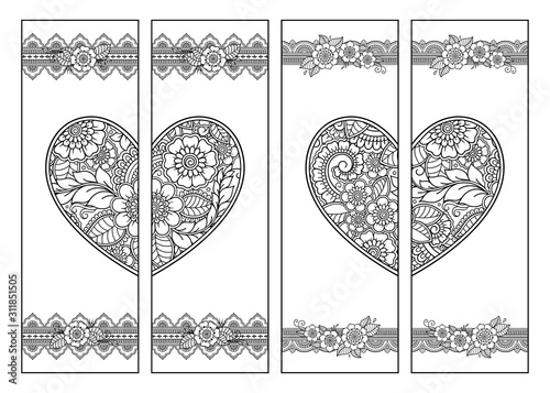 Printable bookmark for book - coloring. Set of black and white labels with heart and flower patterns in mehndi style. Sketch of ornaments for creativity of children and adults with colored pencils.