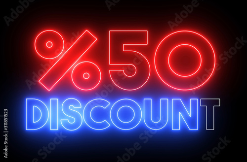Neon shiny glowing "%50 DISCOUNT" text. Animation for promotions, sales and discounts.