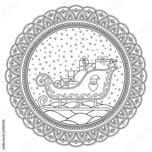 Christmas decoration in the form of a mandala with elements of holiday decorations. Santaclaus sleigh with gifts and toys. Suitable for decor for the New Year. Coloring book page.