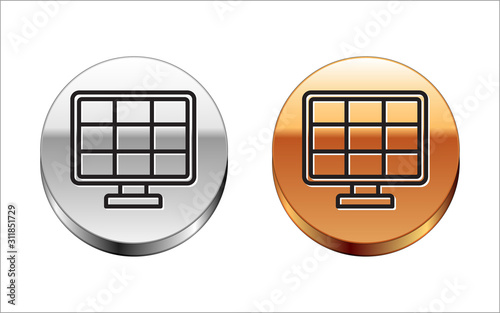 Black line Solar energy panel icon isolated on white background. Silver-gold circle button. Vector Illustration