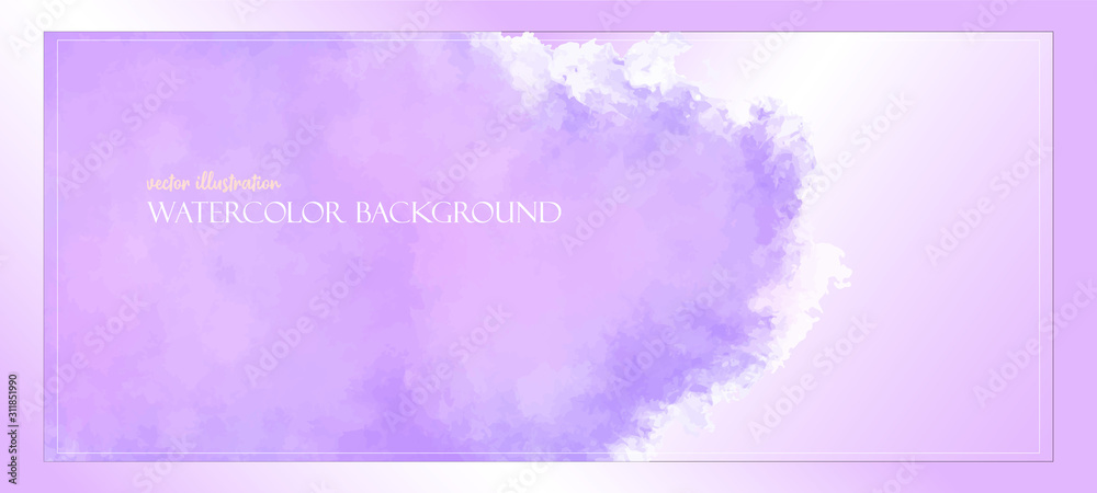 Purple Watercolor. Banner with free space for your graphics, subtitles. Purple and pink colors illuminated by the rays of the bright sun. Vector illustration Delicate and subtle, ethereal.