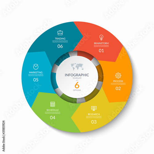 Infographic process chart. Design template with 6 circular arrows. Cycle diagram that can be used for report, business infographics, data visualization and presentation.