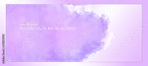 Purple Watercolor. Banner with free space for your graphics, subtitles. Purple and pink colors illuminated by the rays of the bright sun. Vector illustration Delicate and subtle, ethereal.