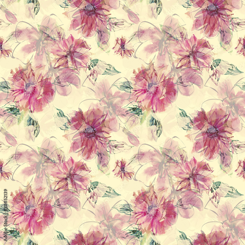 Flowers Seamless Pattern. Watercolor Artistic Template.