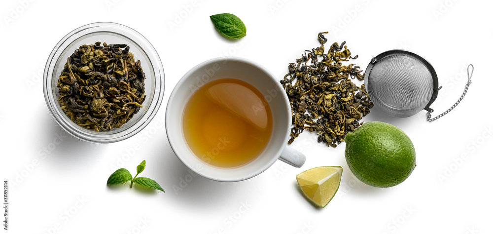 Green tea and accessories top view on white background Stock Photo | Adobe  Stock