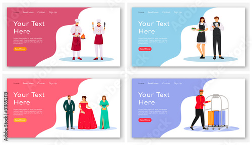 Hotel restaurant landing page vectors templates. Food ordering website interface idea with flat illustrations. Catering service homepage layout. Event organization web banner, webpage cartoon concept
