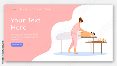 Spa center landing page vector template. Beauty salon website interface idea with flat illustrations. Stone massage therapy homepage layout. Aromatherapy web banner, webpage cartoon concept