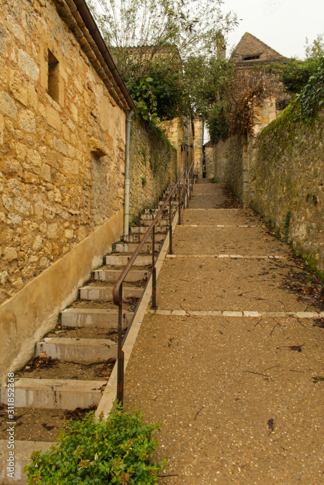 Perspective pour cet escalier en pierre, ruelle, et maisons en pierre dans le superbe village médiéval de Domme en Périgord dans le département de la Dordogne