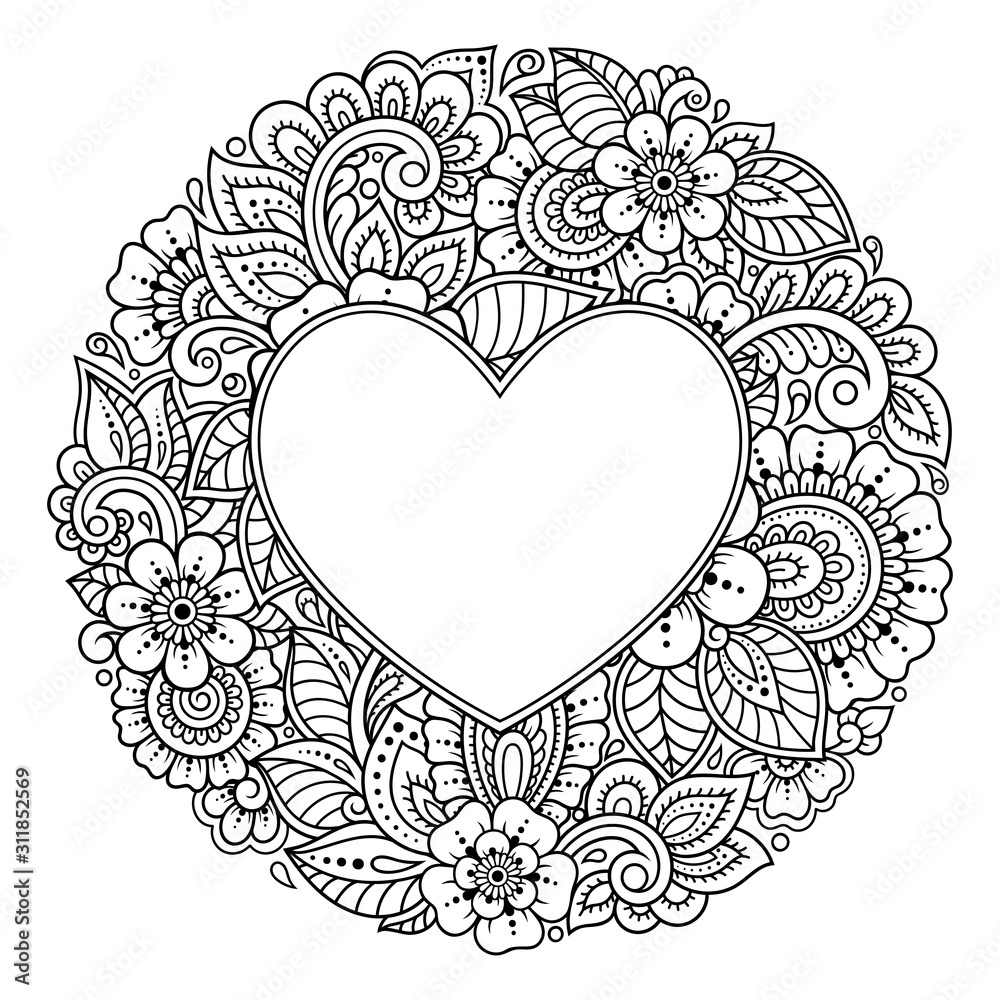 Circular pattern in form of mandala with frame in shape of heart. Decorative ornament in ethnic oriental mehndi style. Outline doodle hand draw vector illustration. Antistress coloring book page. Circular pattern in form of mandala with frame in shape of heart. Decorative ornament in ethnic oriental mehndi style. Outline doodle hand draw vector illustration. Antistress coloring book page.