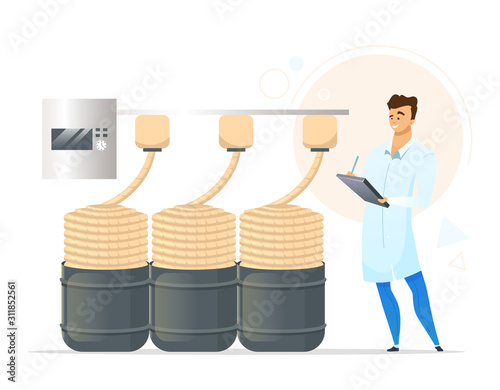 Yarn production flat color vector illustration. Male factory worker. Knitting yarn manufacturing. Ropemaking. Man checking product quality. Isolated cartoon character on white background
