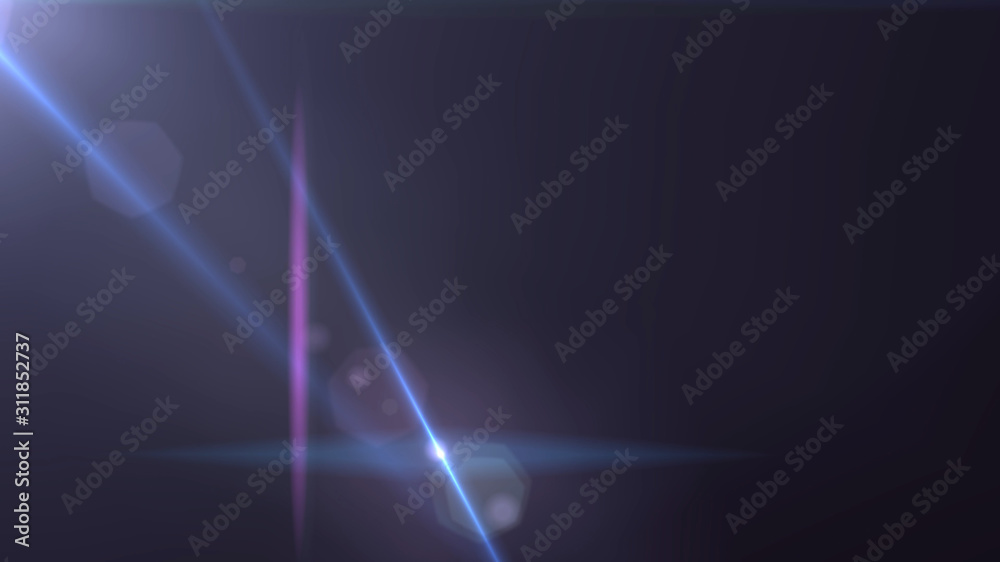 Isolated blue and purple lens flare. Magical lights, glare, shiny bokeh, glitter ray. Shine or blue, purple sun effect on black screen with dust, lens dirty.