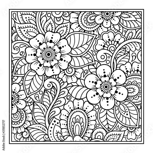 Fototapeta Naklejka Na Ścianę i Meble -  Outline square flower pattern in mehndi style for coloring book page. Antistress for adults and children. Doodle ornament in black and white. Hand draw vector illustration.