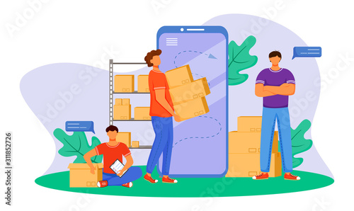 Tracking package flat color vector illustration. Getting post notification. Sending order. Delivery services. Boy sitting next to box isolated cartoon character on white background