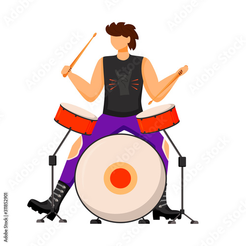 Drummer flat color vector illustration. Drum player. Musician. Punk music band member. Rock and roll. Man with musical instrument. Concert, gig. Instrumentalist. Isolated cartoon character on white