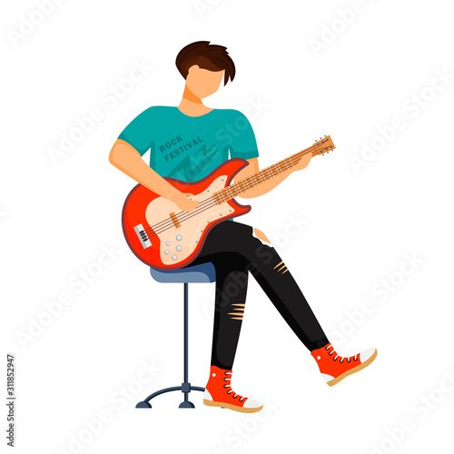 Guitarist flat color vector illustration. Rock festival. Sitting guitar player. Musician. Music band member. Rock and roll. Man with musical instrument. Concert. Isolated cartoon character on white