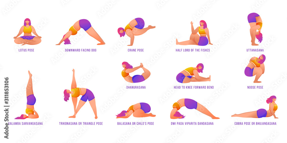 Obraz premium Yoga poses flat vector illustrations set. Caucausian women doing yoga asanas in orange and purple sportswear. Female figures doing physical exercises. Workout, fitness. Isolated cartoon character