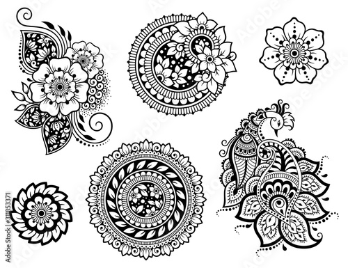 Big set of Mehndi flower pattern, peacock and mandala for Henna drawing and tattoo. Decoration in ethnic oriental, Indian style. Doodle ornament. Outline hand draw vector illustration.
