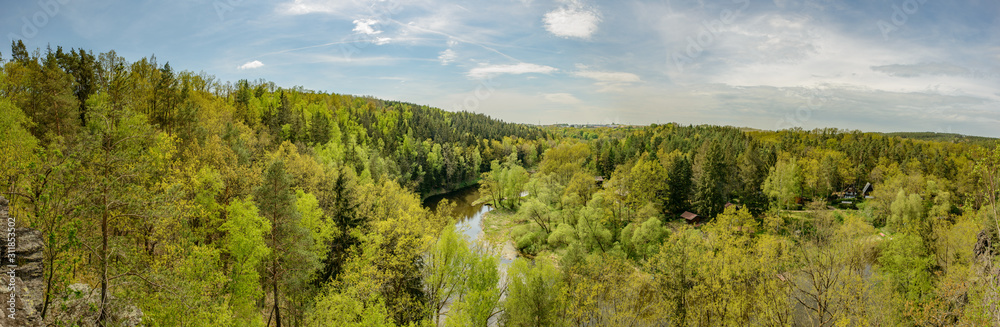 panorama view from rocks over river bends of mze