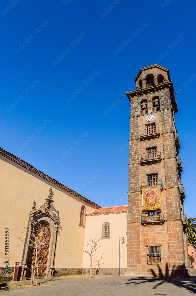 Matrix Parish of Our Lady of the Conception Dated in the 15th century It is composed of a Tuscan Style bell tower. April 13, 2019. La Laguna, Santa Cruz De Tenerife Spain Africa. Travel Tourism 
