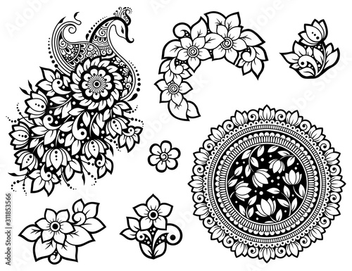 Big set of Mehndi flower pattern, peacock and mandala for Henna drawing and tattoo. Decoration in ethnic oriental, Indian style. Doodle ornament. Outline hand draw vector illustration.