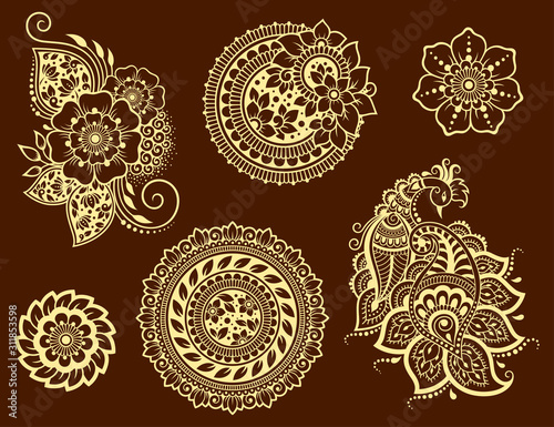 Big set of Mehndi flower pattern, peacock and mandala for Henna drawing and tattoo. Decoration in ethnic oriental, Indian style. Doodle ornament. Outline hand draw vector illustration.