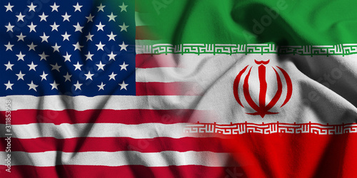 National flag of the United States with Iran on a waving cotton texture background