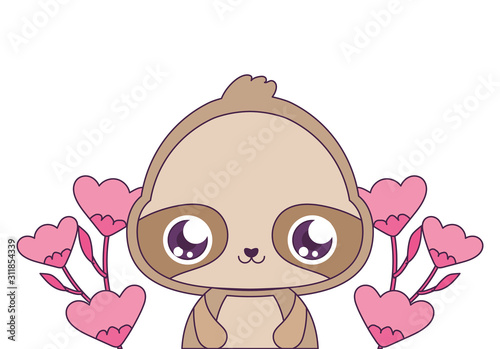 Kawaii sloth cartoon with flowers vector design