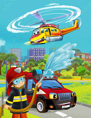 cartoon scene with fireman vehicle on the road - illustration for children