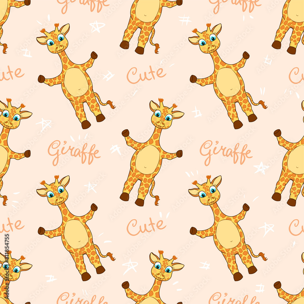 cute baby hugging giraffe seamless pattern, cartoon drawing smile animal, editable vector illustration for kids fabric, textile, print, paper, decoration