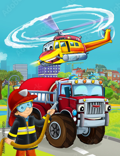 Fototapeta Naklejka Na Ścianę i Meble -  cartoon scene with fireman vehicle on the road - illustration for children