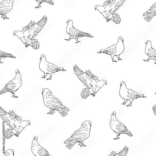 city street pigeons black lines silhouettes on white background seamless pattern,  urban doves birds, editable vector illustration for fabric, textile, decoration, paper