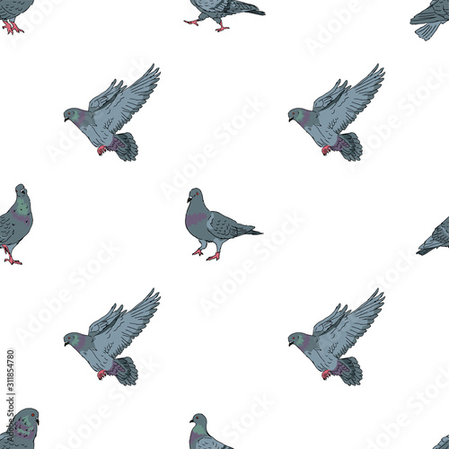 city street pigeons  on white background seamless pattern,  urban doves birds, editable vector illustration for fabric, textile, decoration, paper