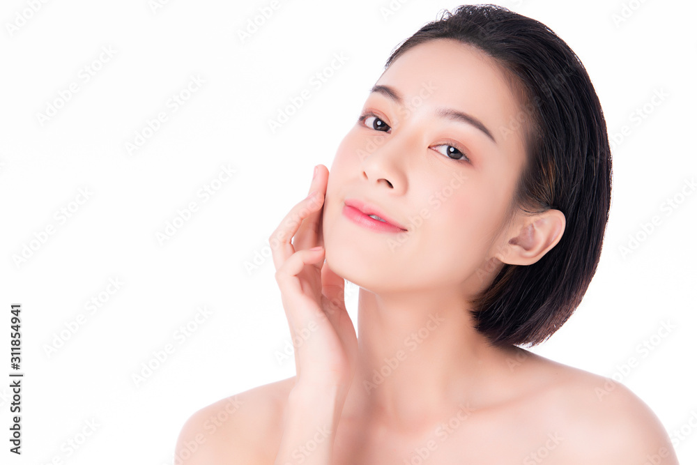 Beautiful Young Asian Woman with Clean Fresh Skin. Face care, Facial treatment, on white background, Beauty and Cosmetics Concept. Beautiful Young Asian Woman with Clean Fresh Skin. Face care, Facial treatment, on white background, Beauty and Cosmetics Concept.