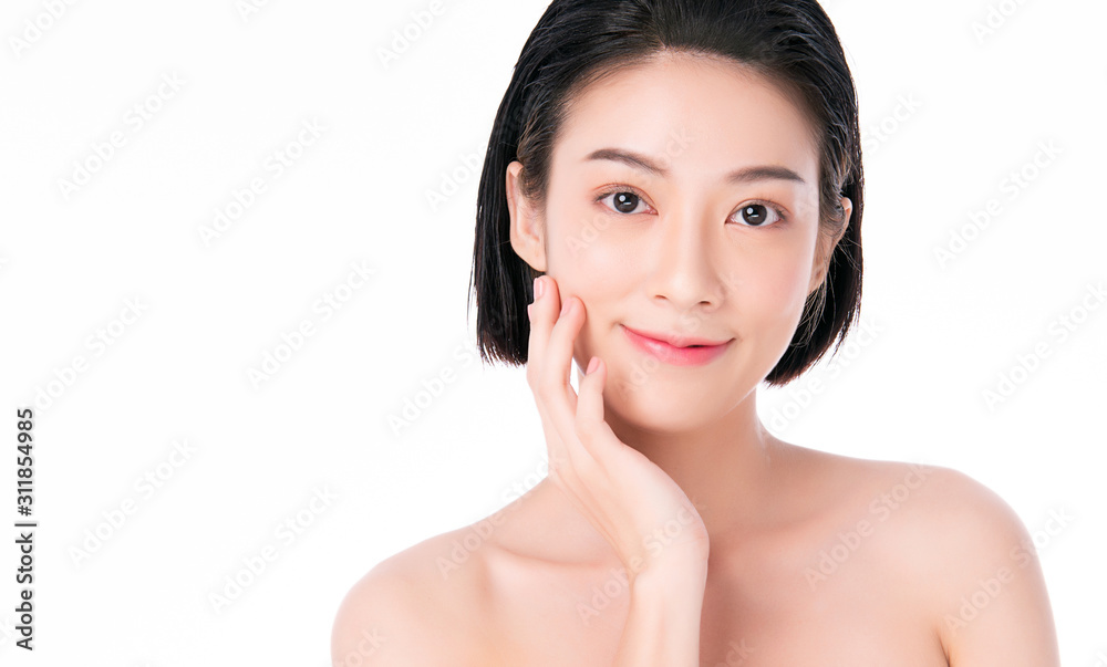 Beautiful Young Asian Woman with Clean Fresh Skin. Face care, Facial treatment, on white background, Beauty and Cosmetics Concept. Beautiful Young Asian Woman with Clean Fresh Skin. Face care, Facial treatment, on white background, Beauty and Cosmetics Concept.