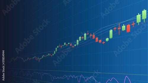 abstract financial chart with uptrend line graph in stock market on blue color background