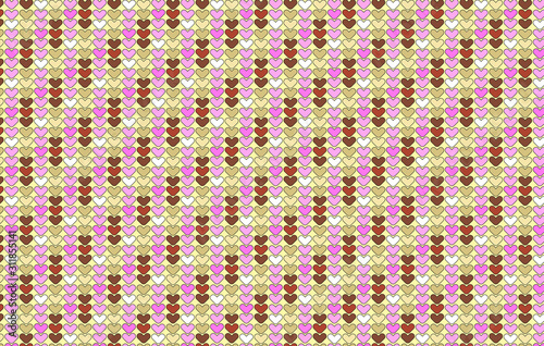 A seamless vector background pattern of colorful hearts symmetrically aligned horizontally and vertically with alternate and shifted rows and columns.
