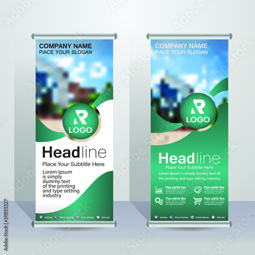 Greenish blue flag banner business brochure flyer design template vector, abstract geometric background, modern publication x-banner and roll up.