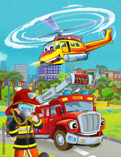 cartoon scene with fireman vehicle on the road - illustration for children