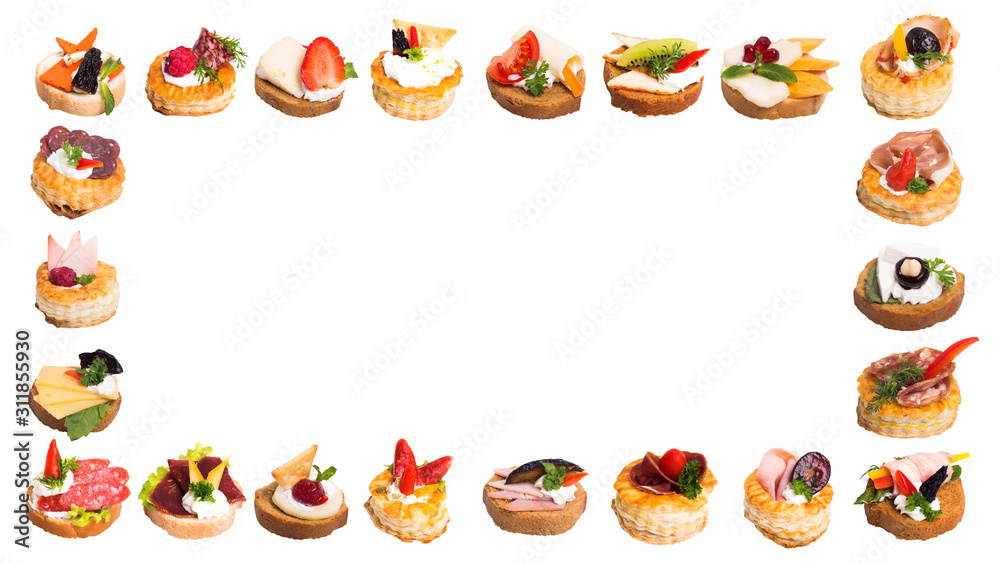 Assortment of tasty canapes on white background