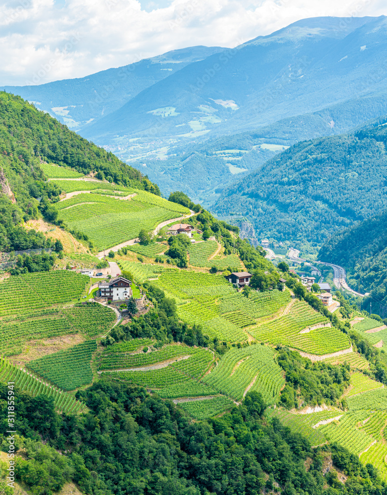 Panoramic view from Sabiona Monastery near Chiusa on a summer morning, Province of Bolzano, Trentino Alto Adige, Italy.