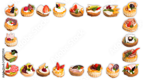 Assortment of tasty canapes on white background